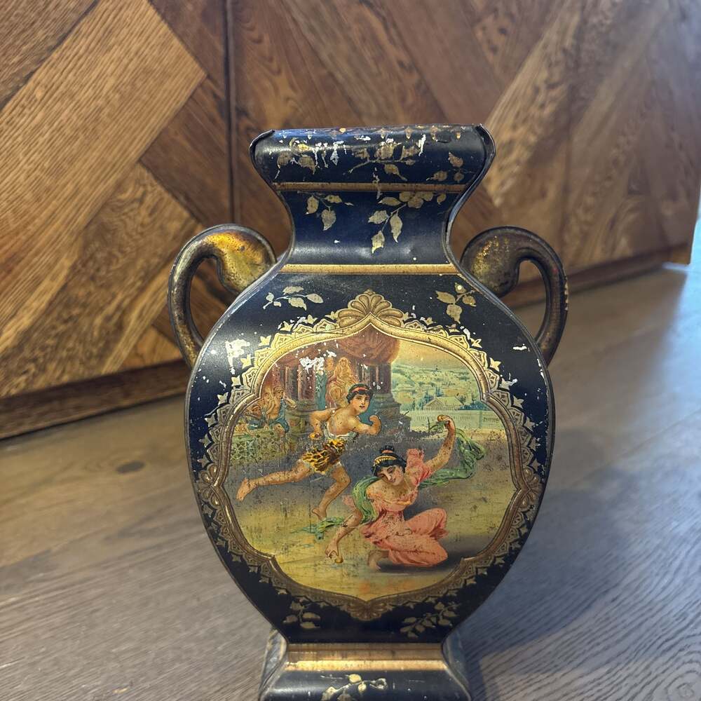 early 20th century tin urn, counter display container for Victory V-Gums & Lozen